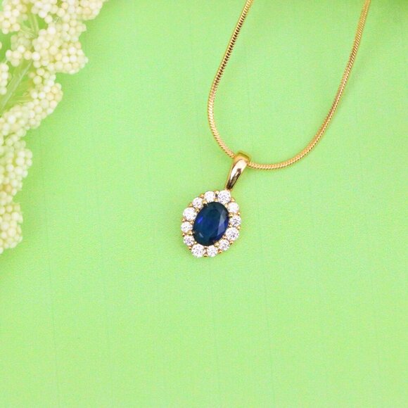 "Royal Blue Oval Pendant with Halo in Gold-Plated Brass Setting, XPPT1815 - Picture 2 of 13